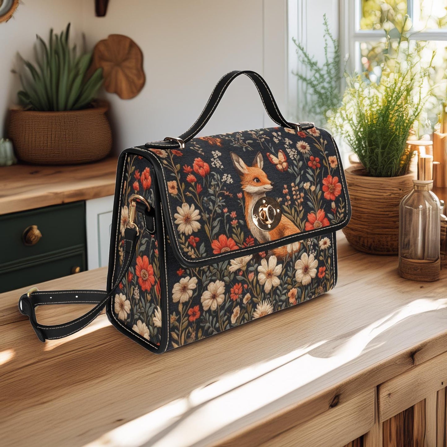 Whimsicore Happy Fox and Flowers Cottagecore Satchel Bag