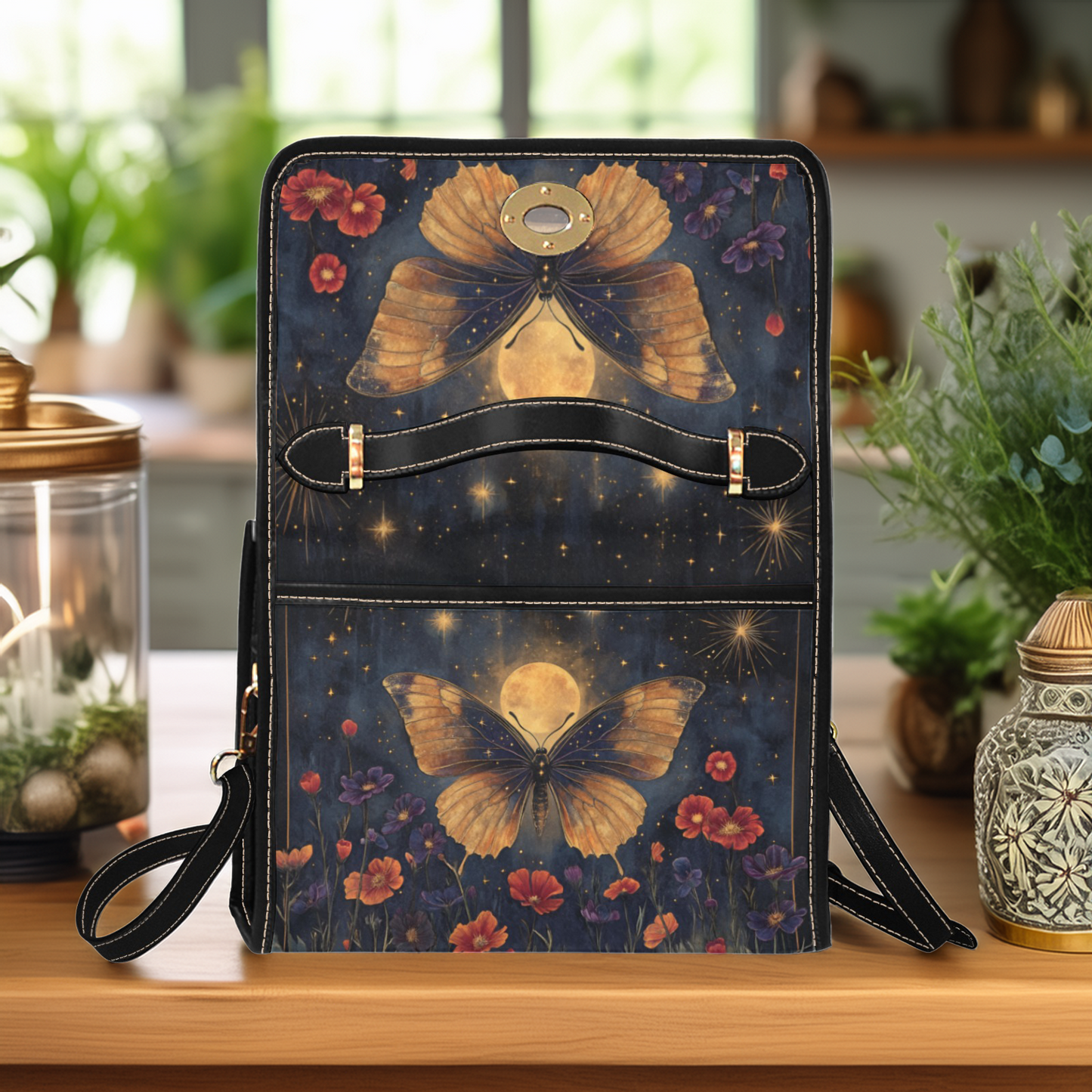 Dark Celestial Witchy Butterfly Moon Flowers Satchel