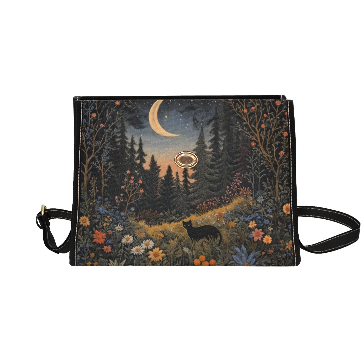 Faux-Embroidered Black Cat Flower Meadown Moon Handbag & Clutch Wallet Set