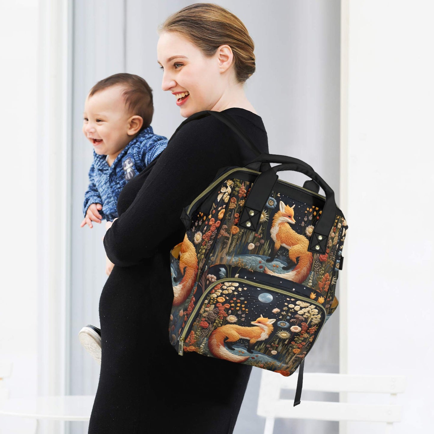 Faux-Embroidery Fox Diaper Backpack