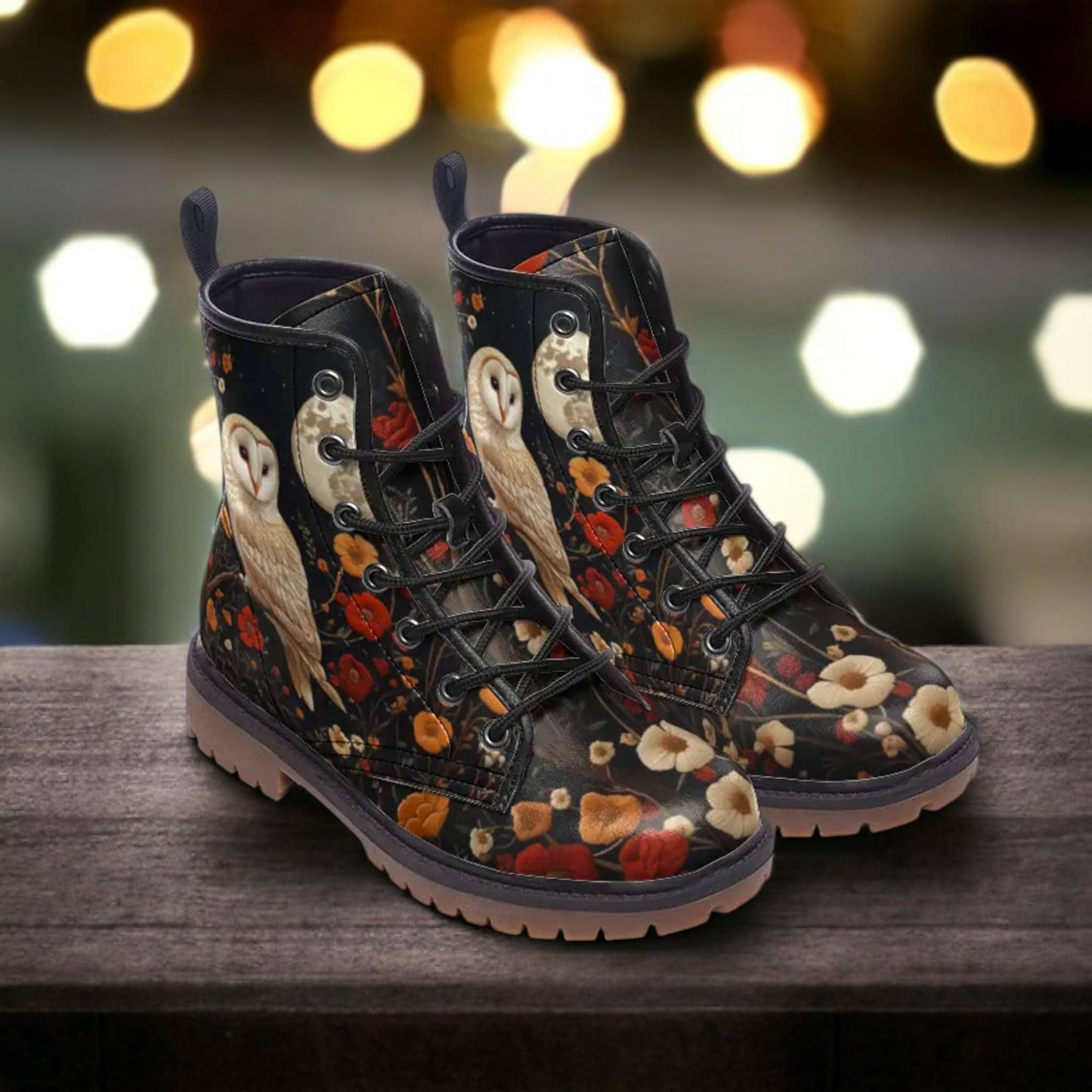 Faux-Embroidery Owl & Flowers Vegan Combat Boots