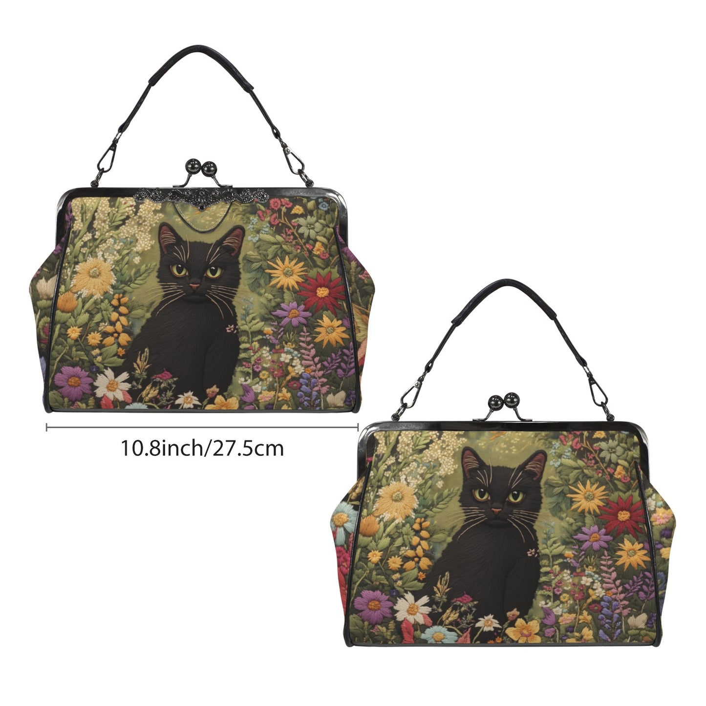 Faux-Embroidered Cat in the Garden Kisslock Purse