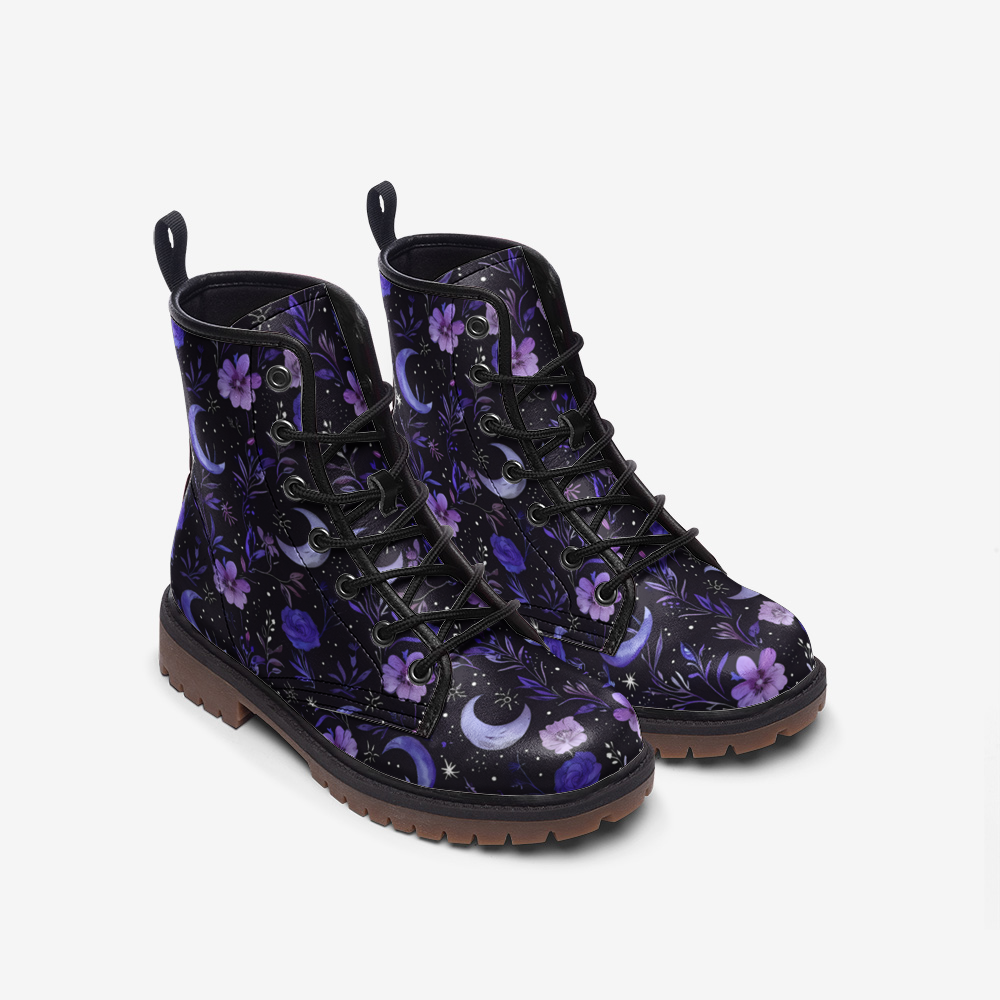 Purple Moons & Flowers Witchy Vegan Combat Boots