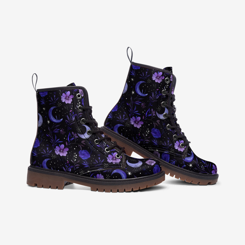 Purple Moons & Flowers Witchy Vegan Combat Boots