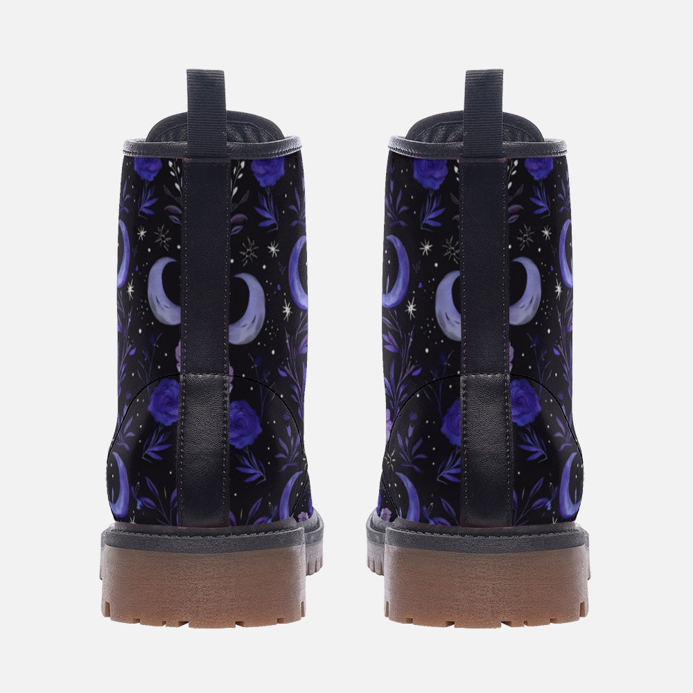 Purple Moons & Flowers Witchy Vegan Combat Boots