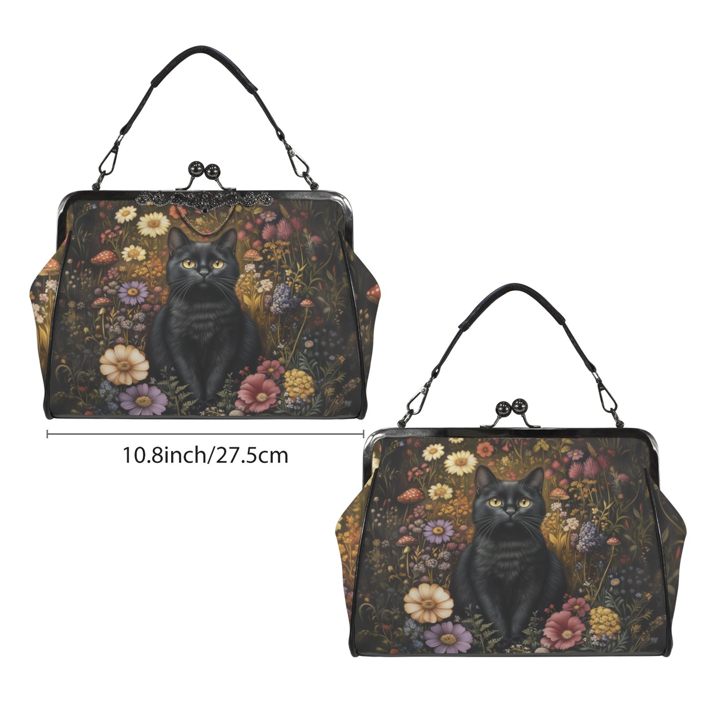 Black Cat & Flower Garden Kisslock Handbag