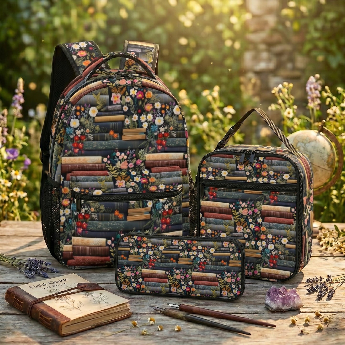 Books & Flowers Backpack Lunchbag School Set