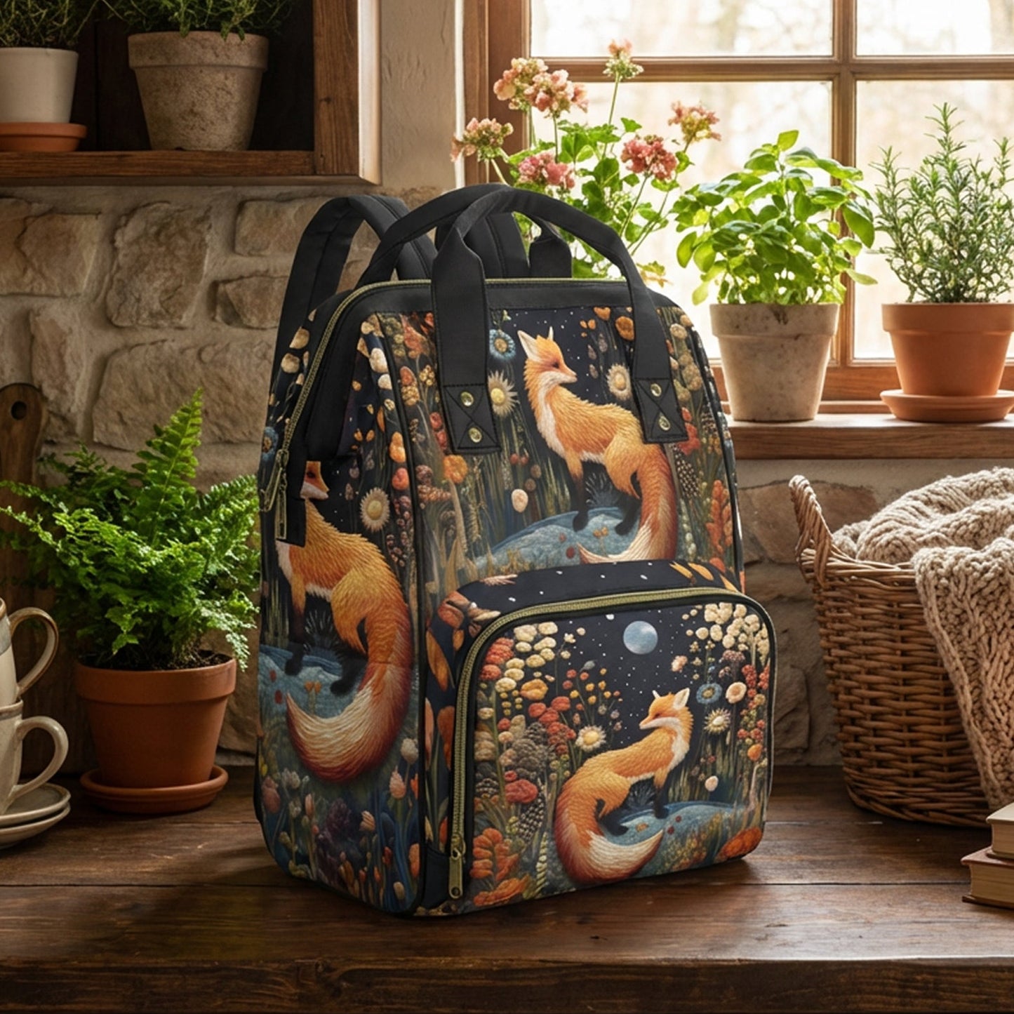 Backpack with fox design on a wooden table in a cozy room with plants and a window.