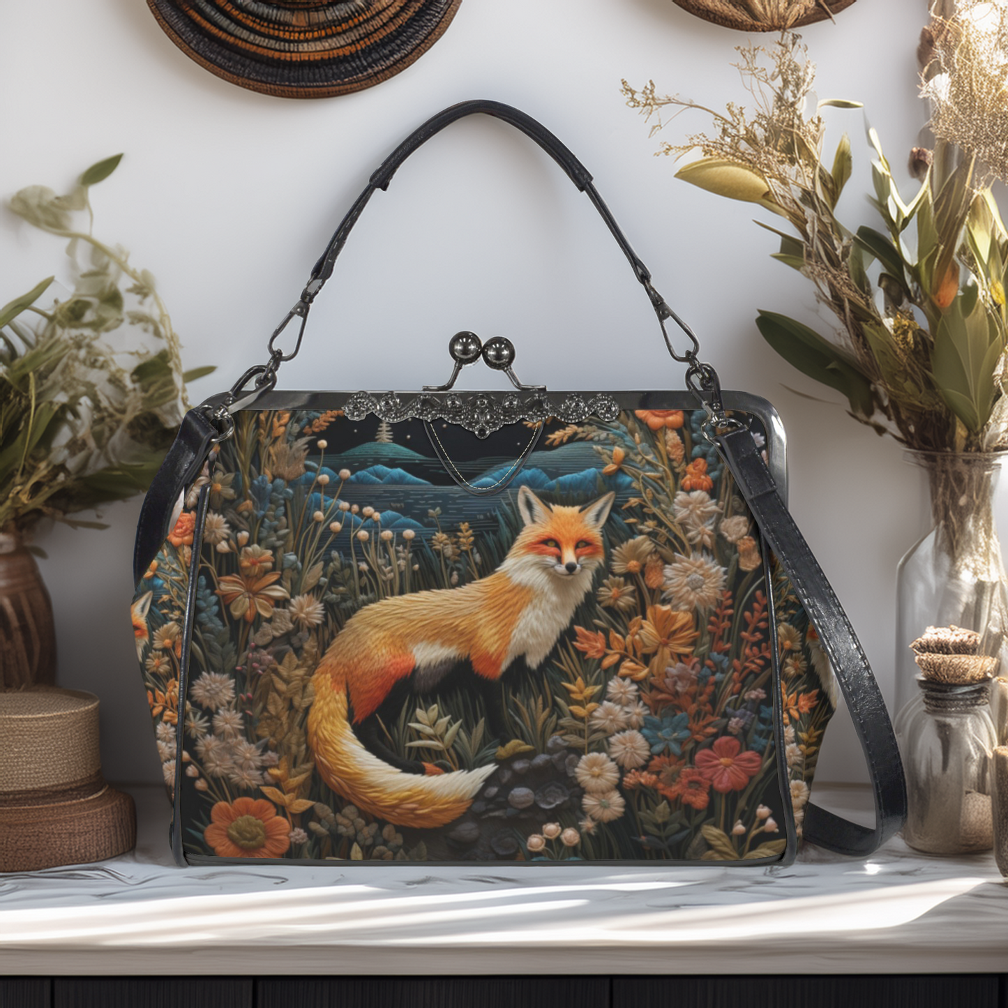 Dark Faux-embroidered Fox Kisslock Handbag