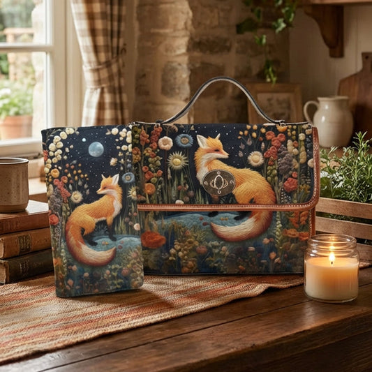 Decorative bag with fox design on a wooden table in a cozy room with plants and books.