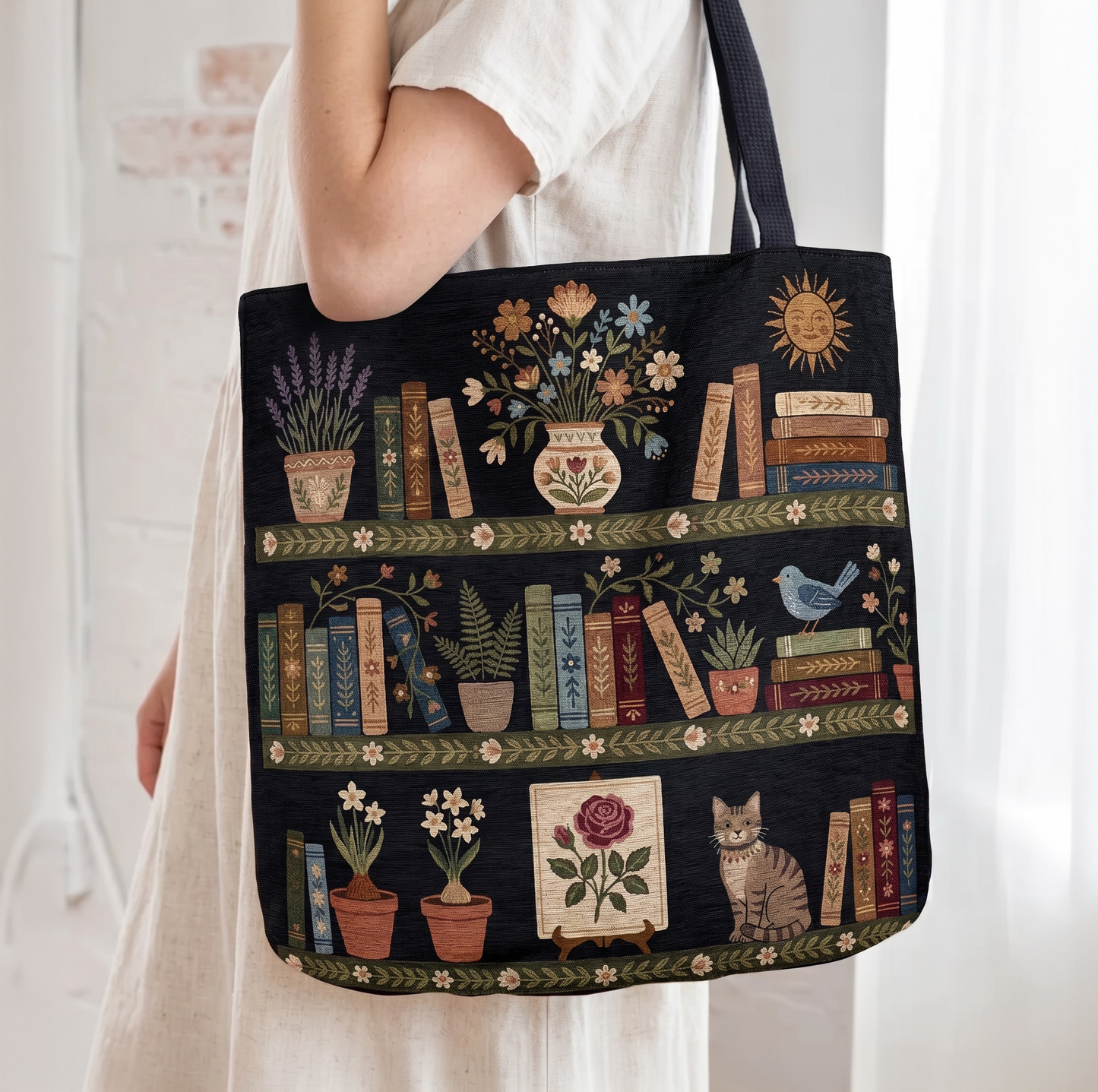 Whimsical Book Lover Woven Tote Bag