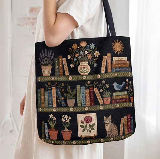 Whimsical Book Lover Woven Tote Bag