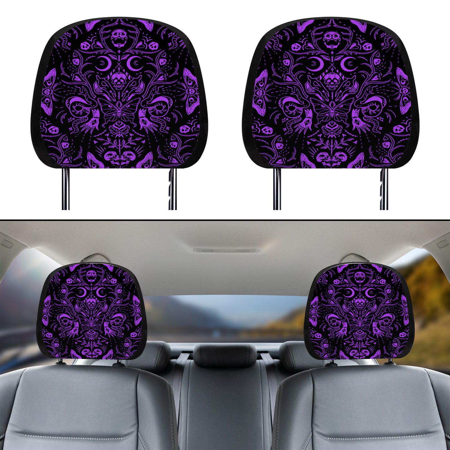 Gothic Purple Skulls Moths Car Seat Covers Set