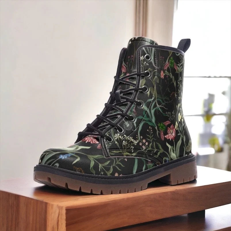 Dark Floral Vegan Leather Combat Boots