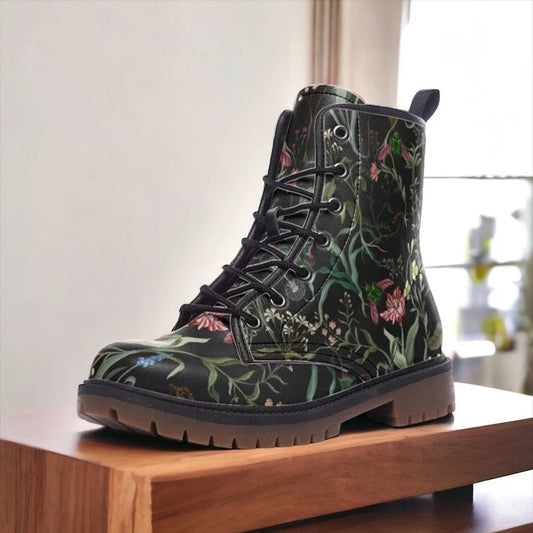 Dark Floral Vegan Leather Combat Boots