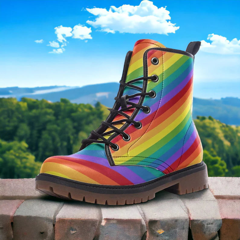 Rainbow Stripes Vegan Leather Combat Boots