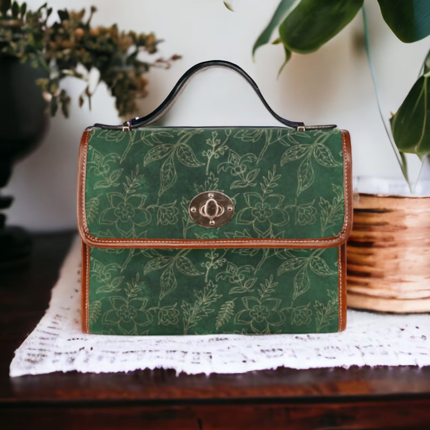 Emerald Green and Faux Gold Botanical Satchel