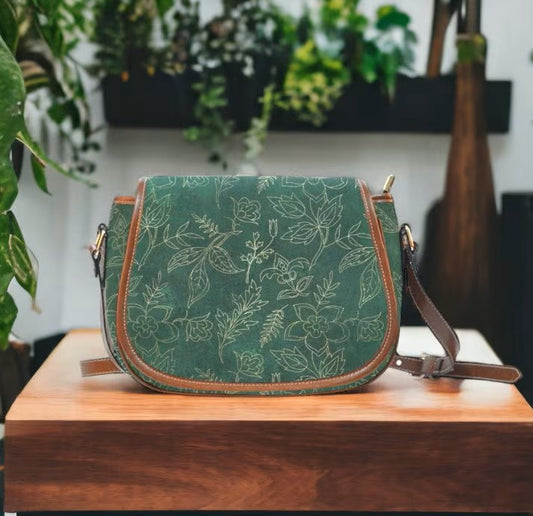 Green Gold Floral Saddle Bag Purse