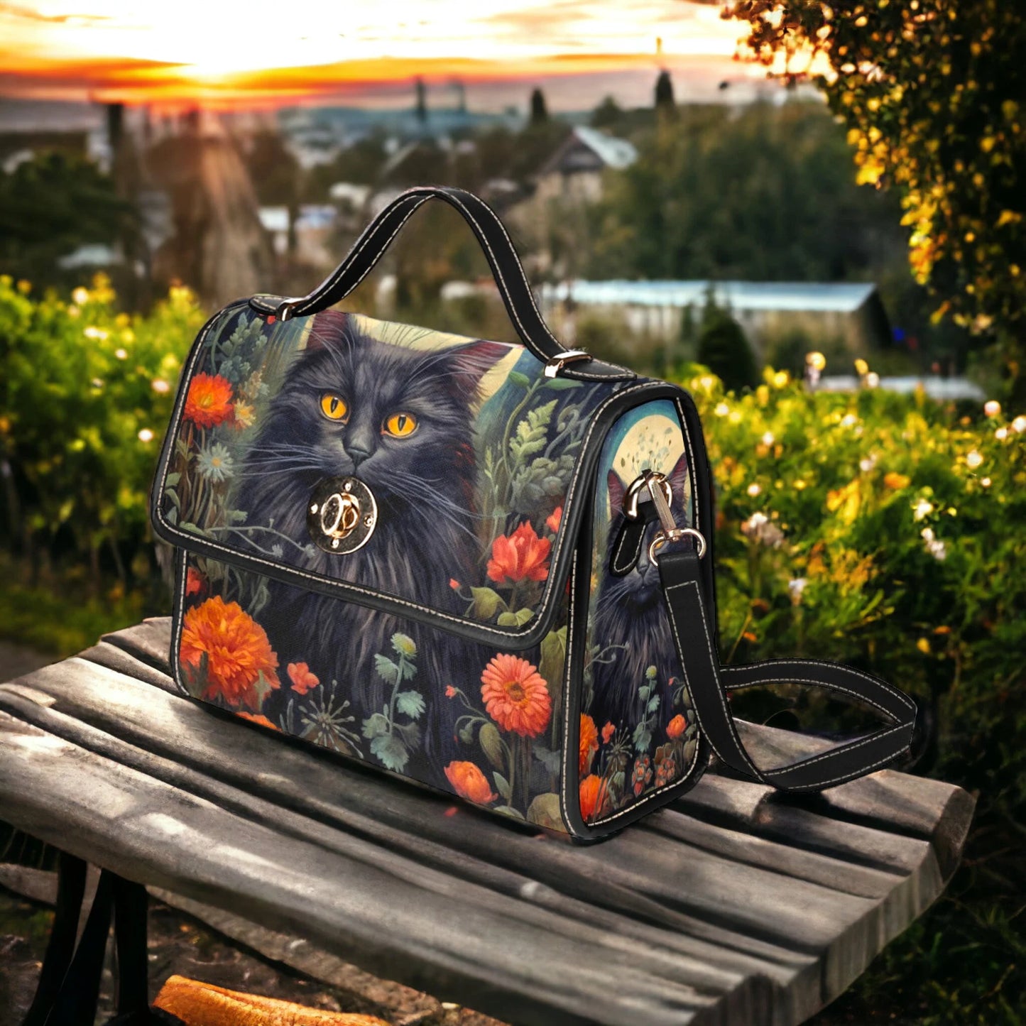 Dark Cottage Goth Witchy Cat and Floral Satchel