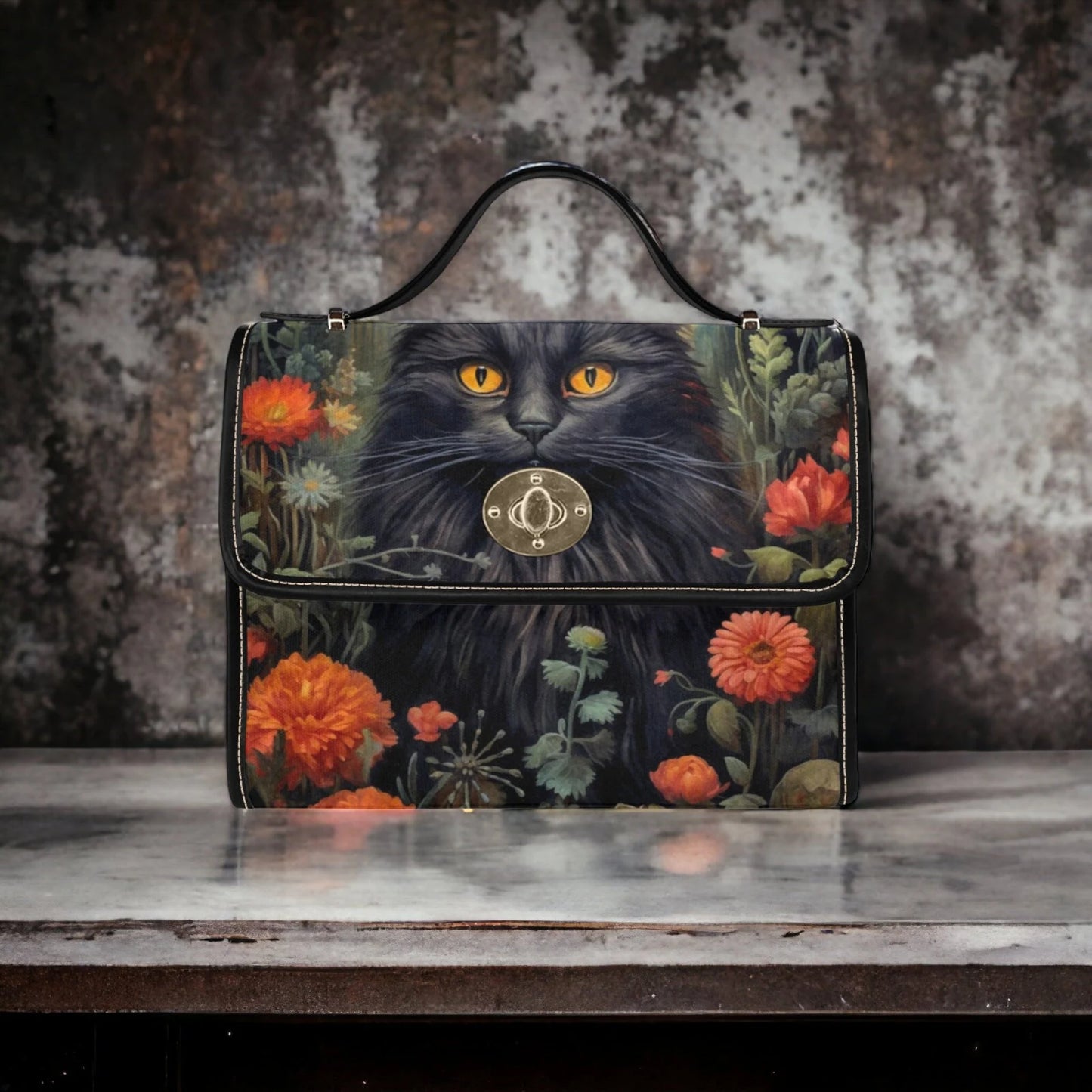 Dark Cottage Goth Witchy Cat and Floral Satchel