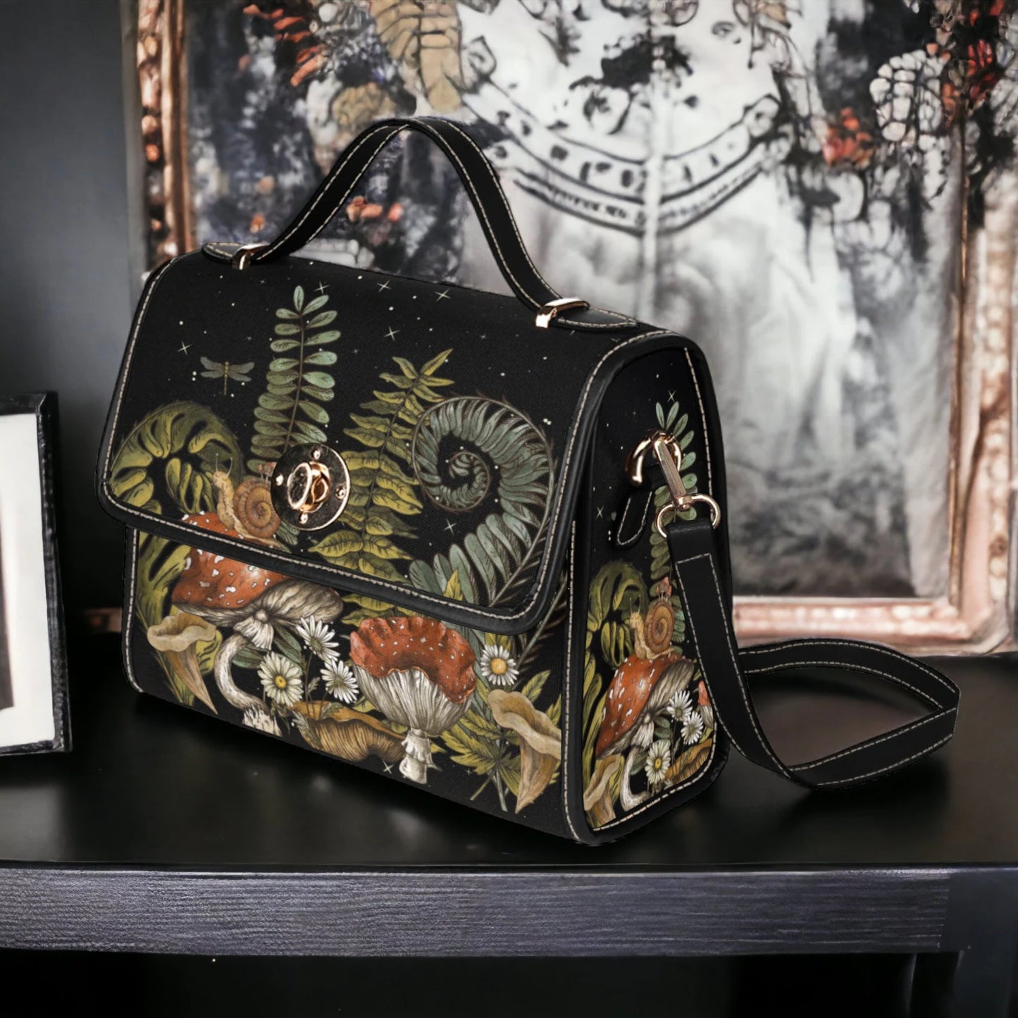 Dark Forest Ferns & Mushrooms Satchel Bag
