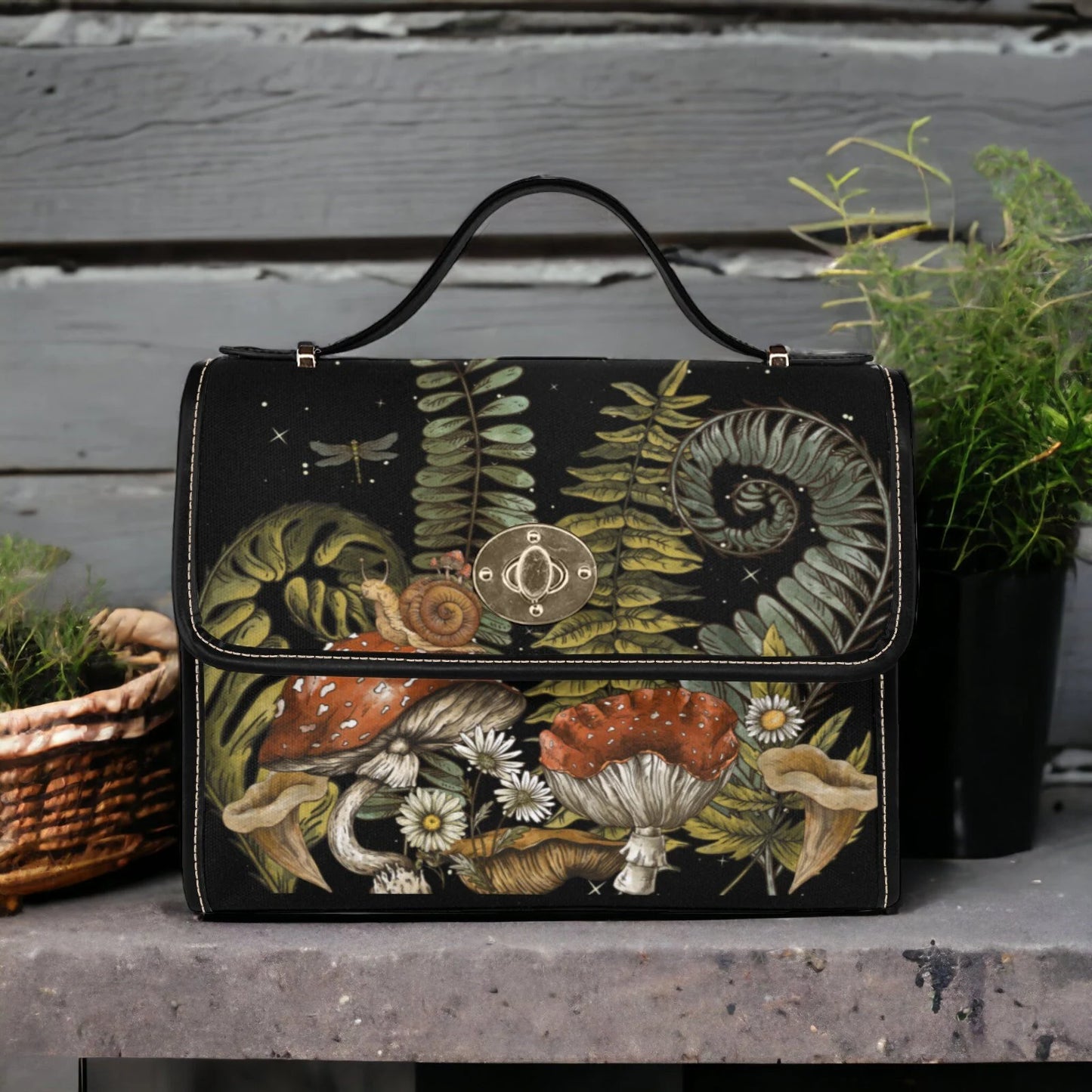 Dark Forest Ferns & Mushrooms Satchel Bag