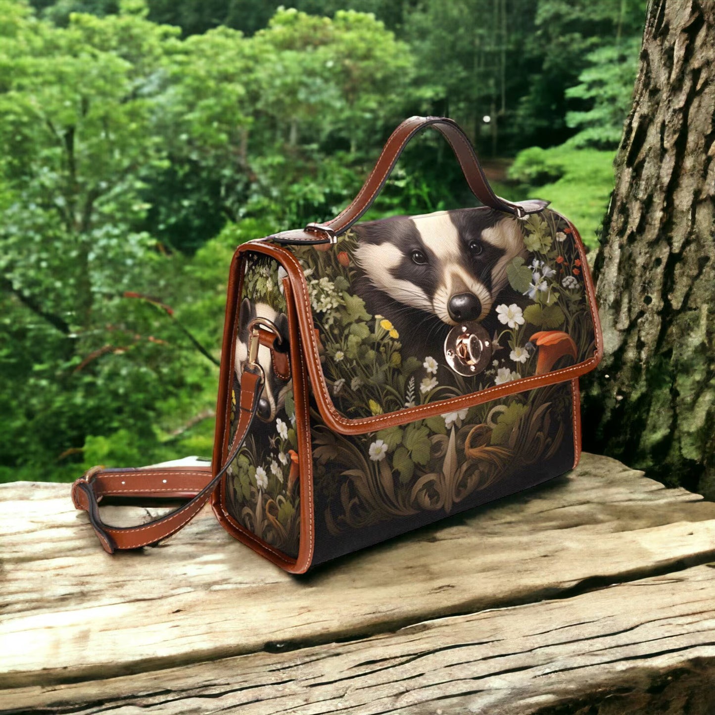 Forest Badger and Woodland Floral Satchel
