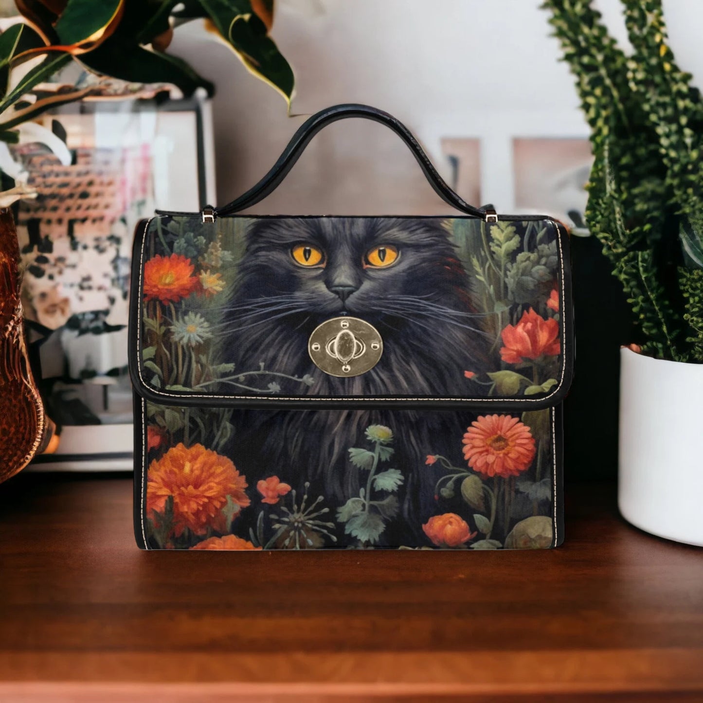 Dark Cottage Goth Witchy Cat and Floral Satchel