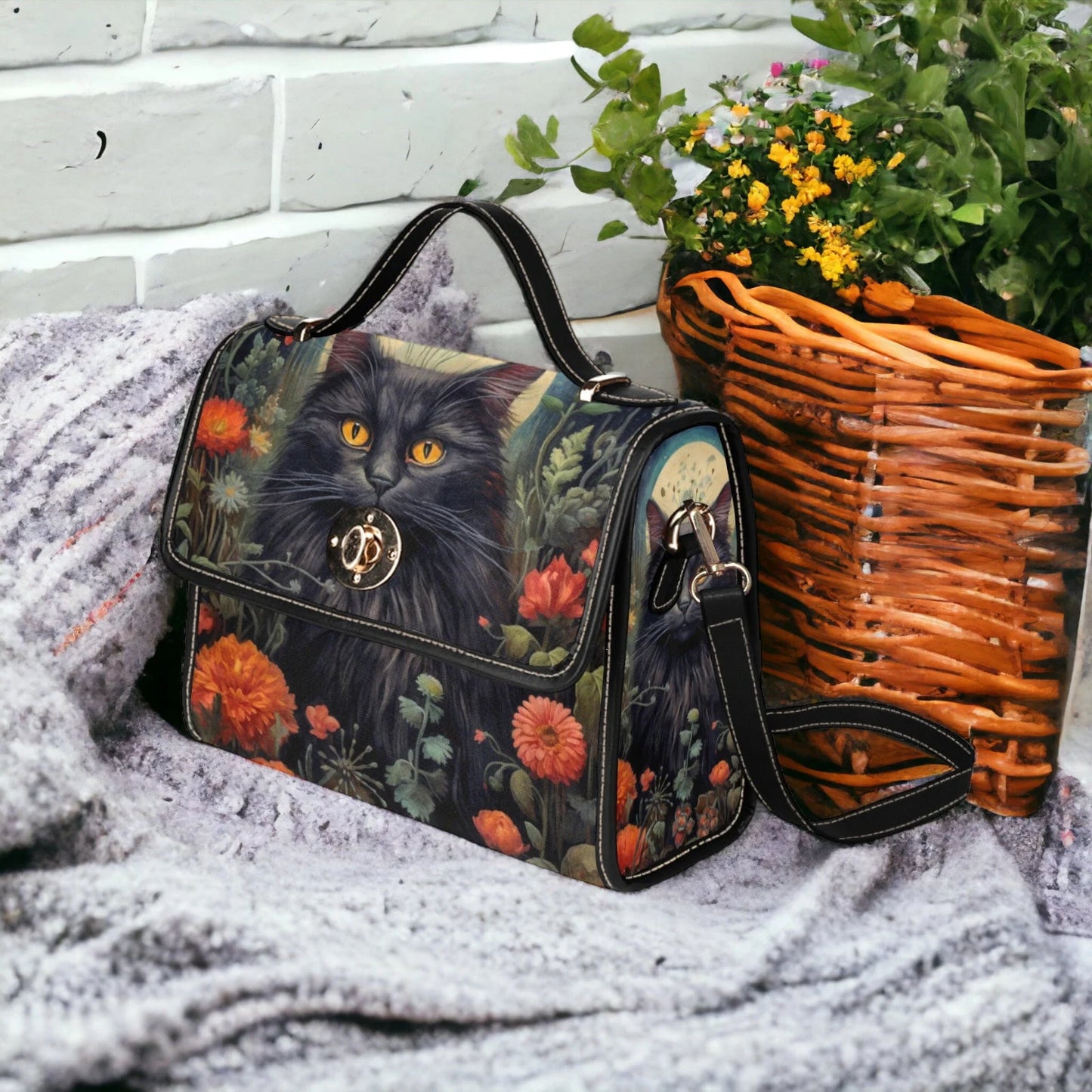 Dark Cottage Goth Witchy Cat and Floral Satchel
