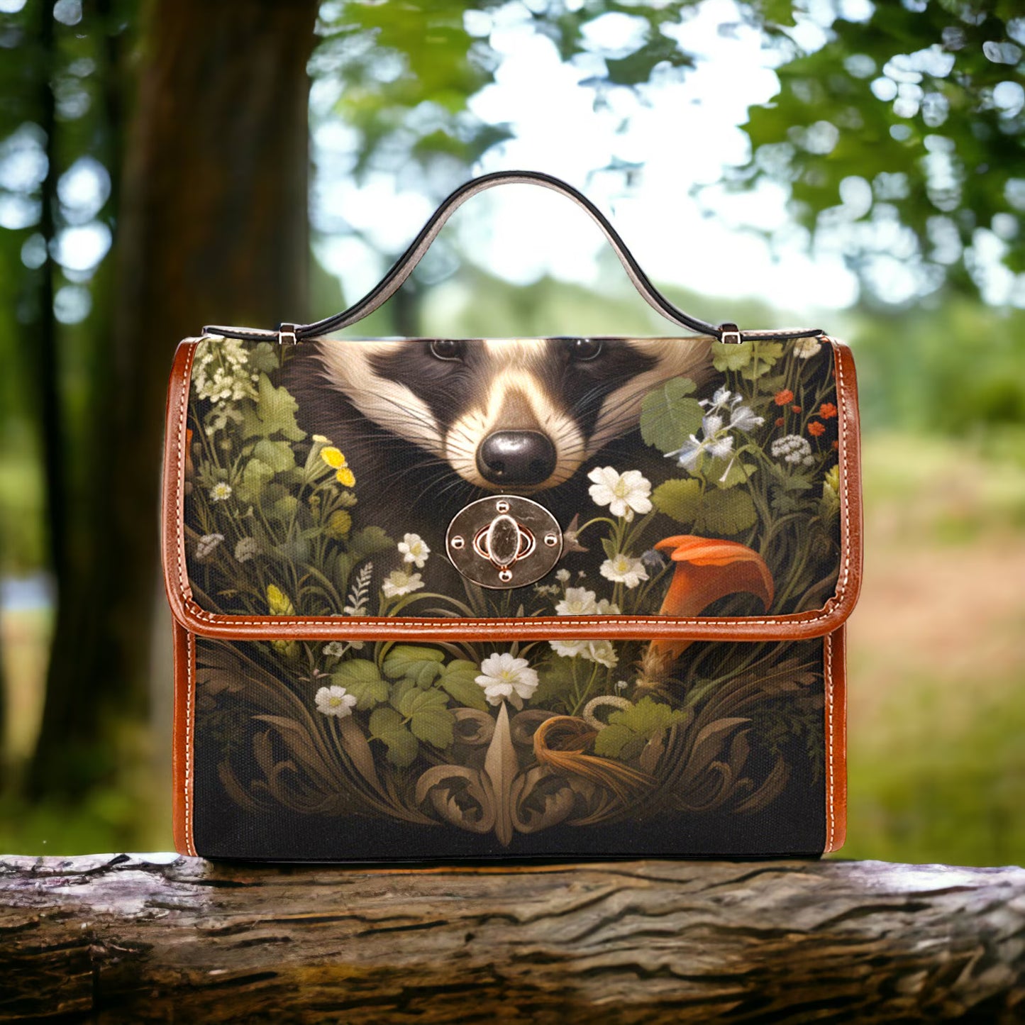 Forest Badger and Woodland Floral Satchel