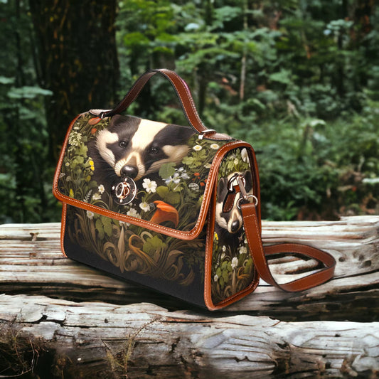 Forest Badger and Woodland Floral Satchel