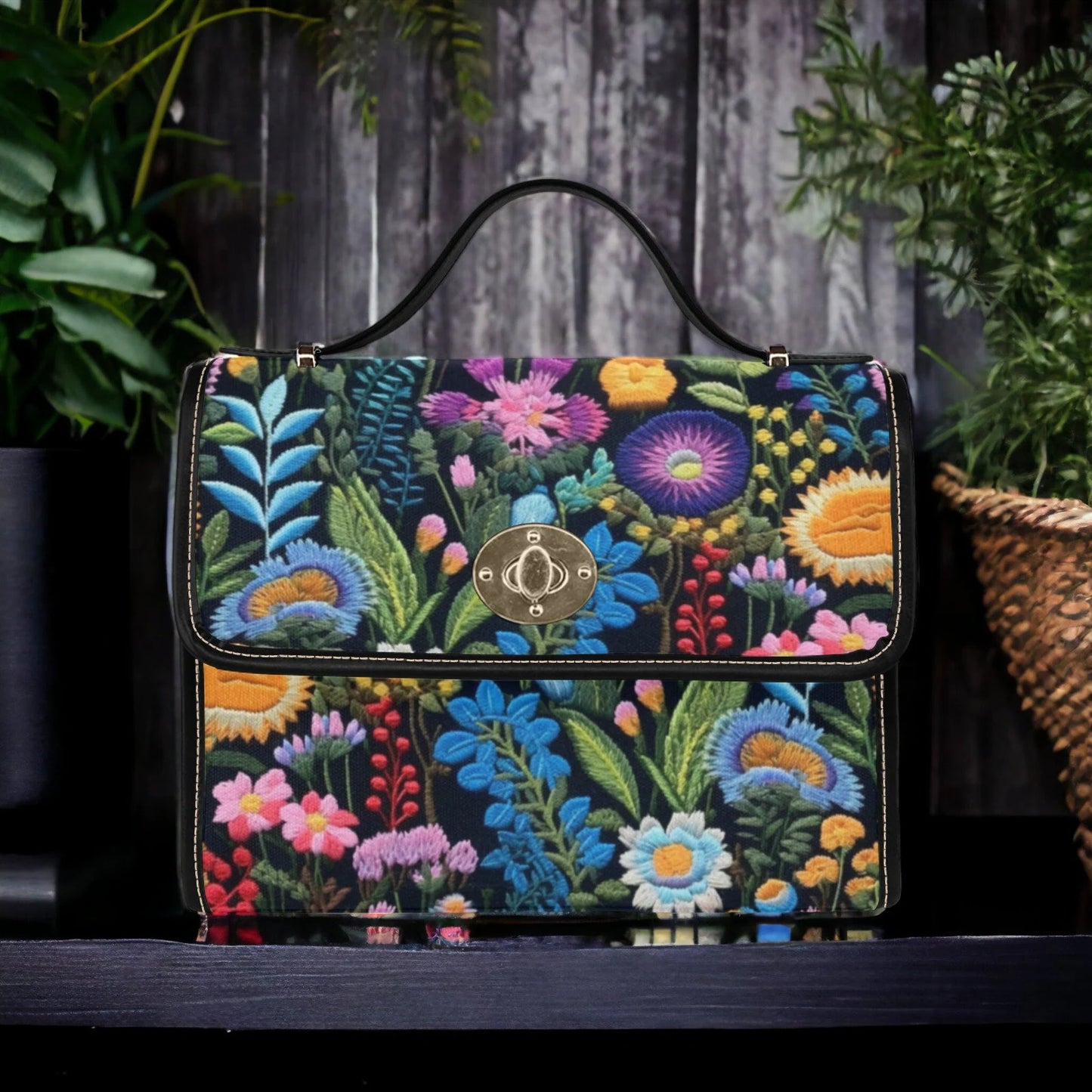Faux-Embroidery Dark Floral Satchel bag
