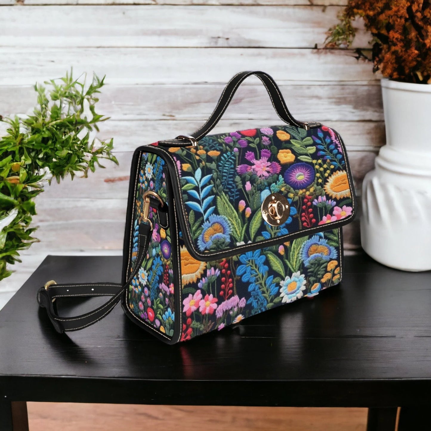 Faux-Embroidery Dark Floral Satchel bag