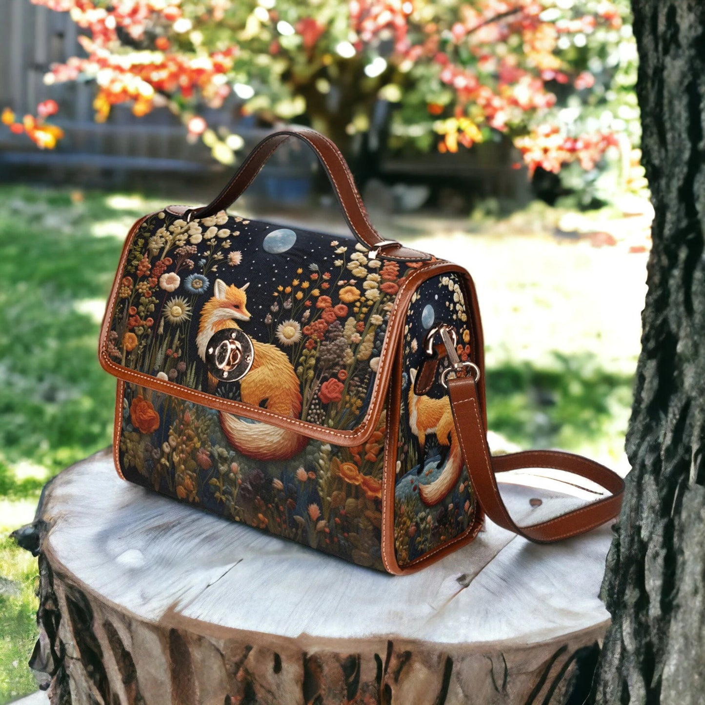 Faux-Embroidered Fox Floral Satchel & Wallet Set