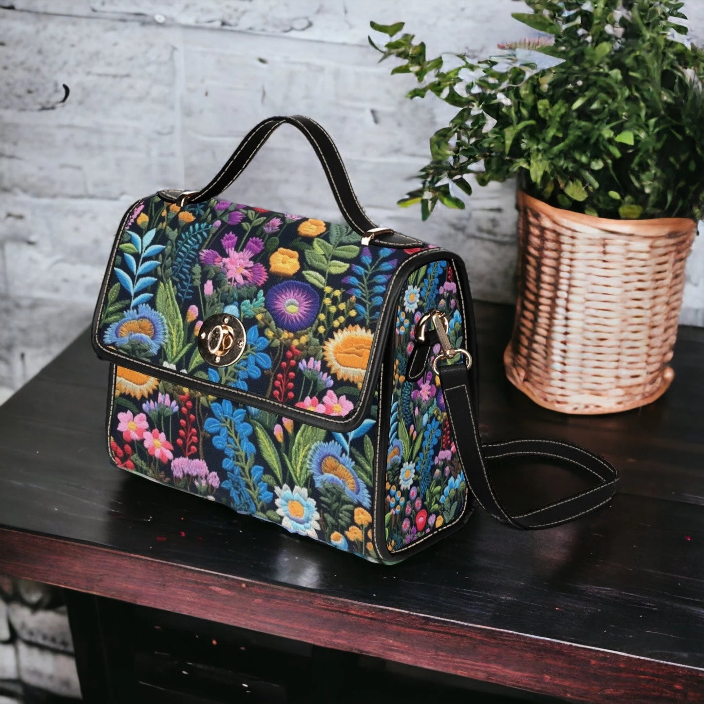 Faux-Embroidery Dark Floral Satchel bag
