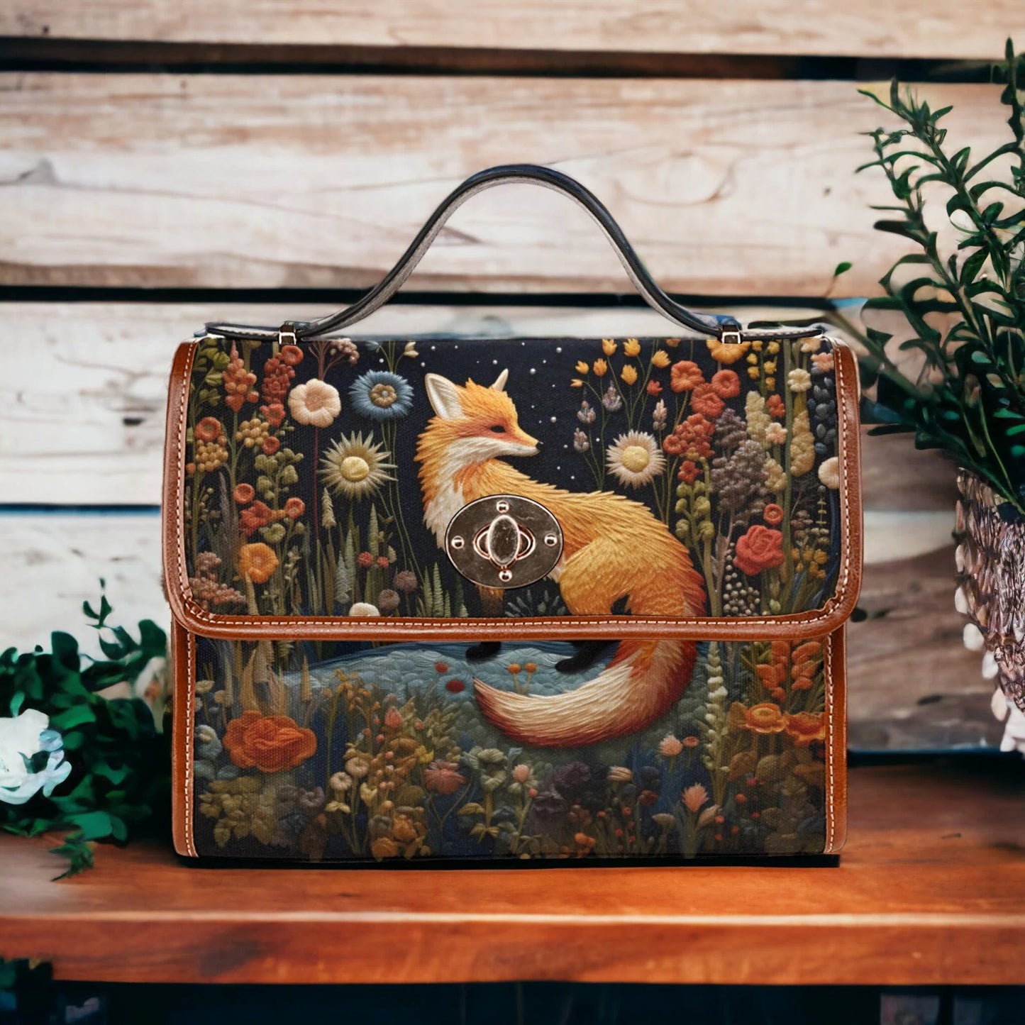 Faux-Embroidered Fox Floral Satchel & Wallet Set