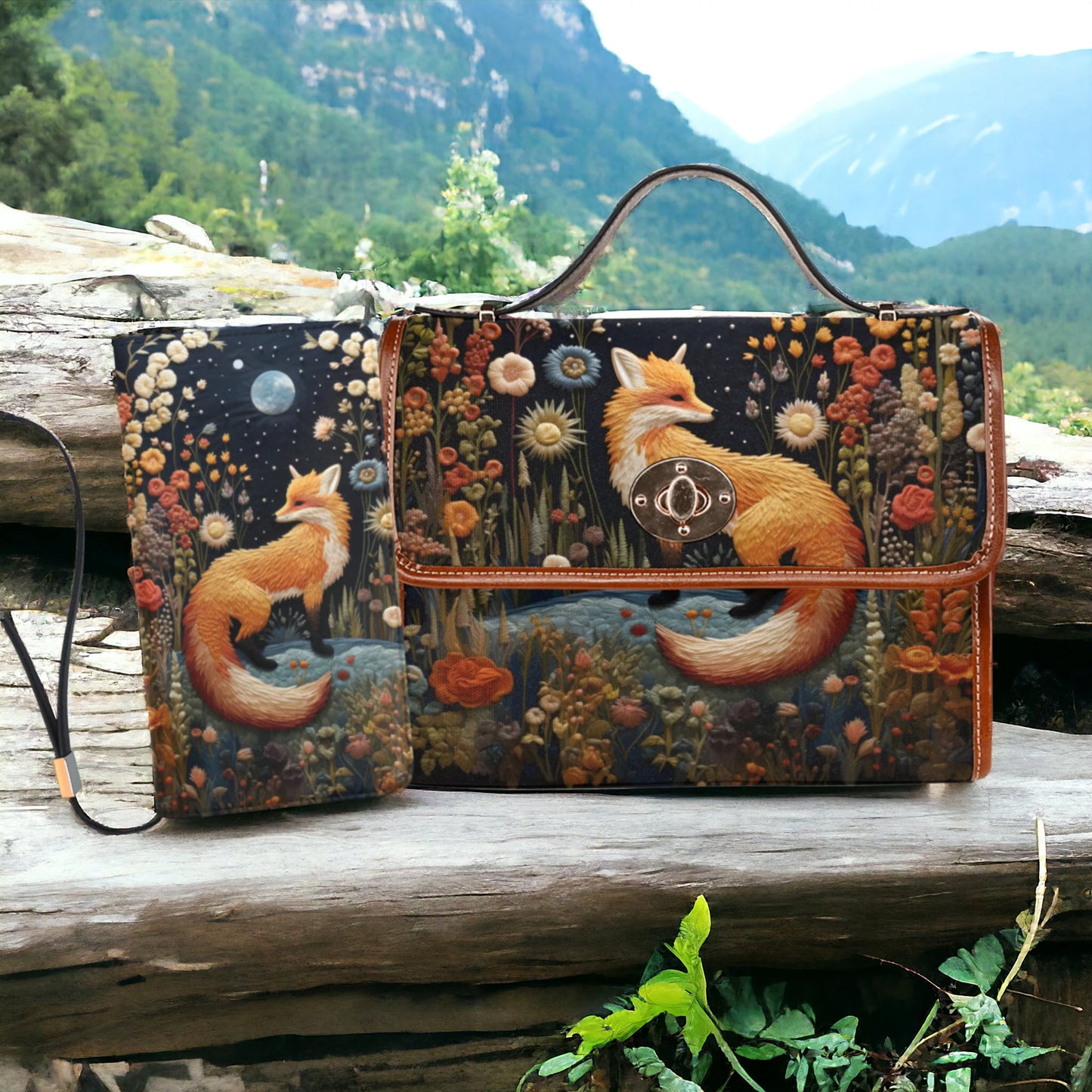 Faux-Embroidered Fox Floral Satchel & Wallet Set