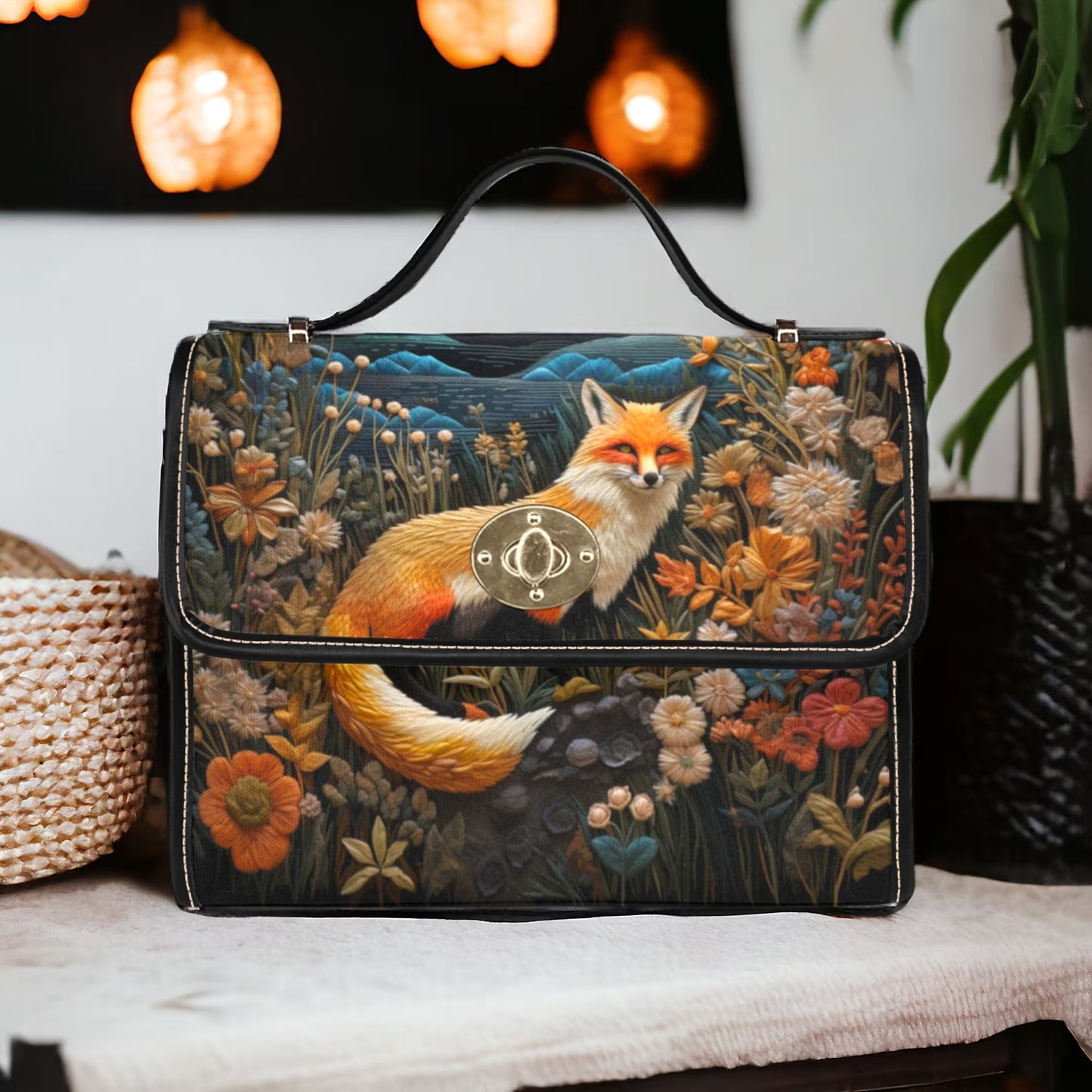 Faux-Embroidered Dark Fox and Floral Satchel