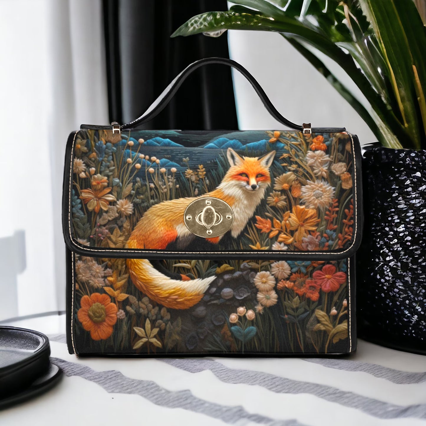 Faux-Embroidered Dark Fox and Floral Satchel