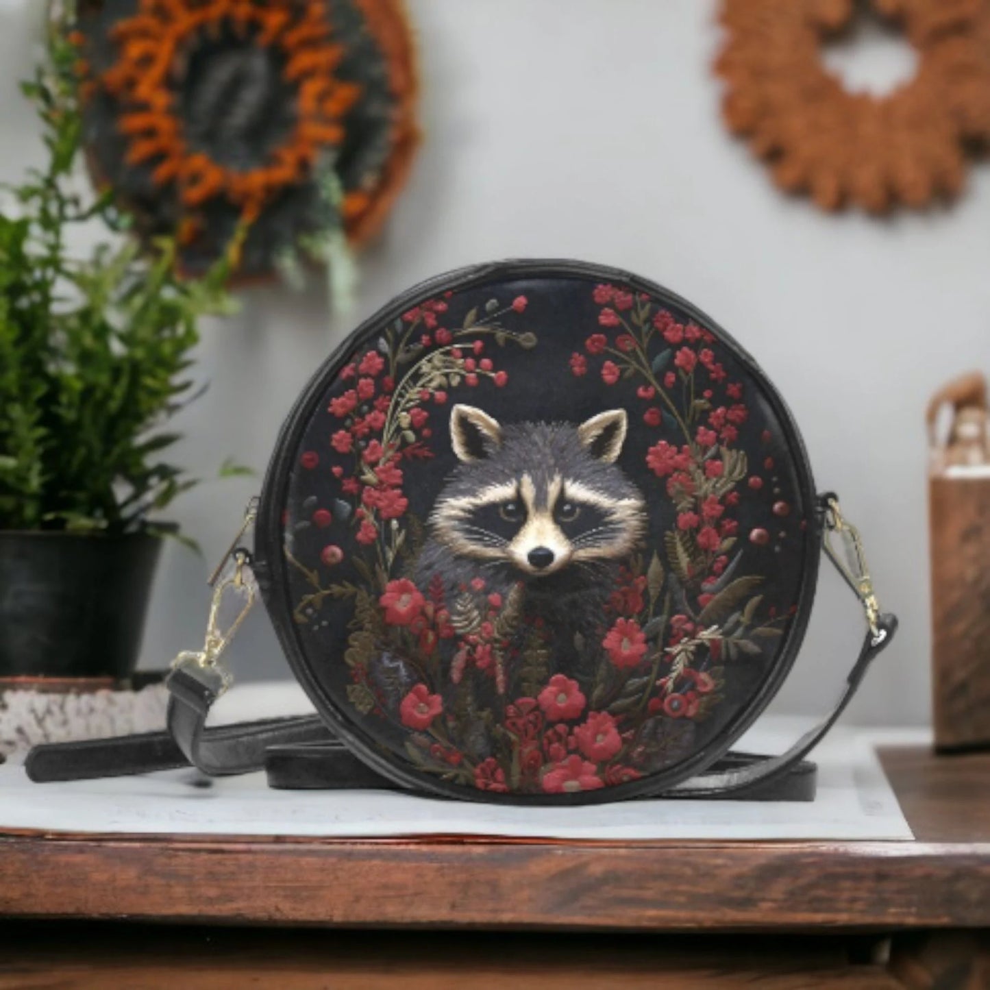Faux-Embroidered Raccoon Vegan Leather Purse