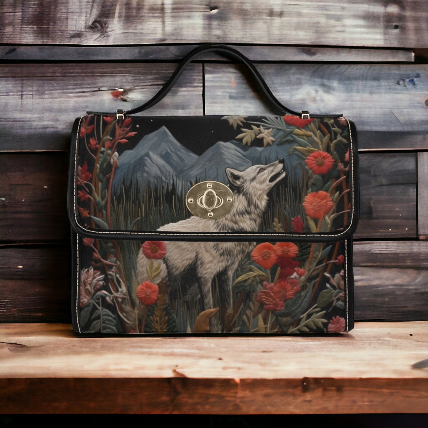 Faux-Embroidered Wolf and Flowers Satchel Bag