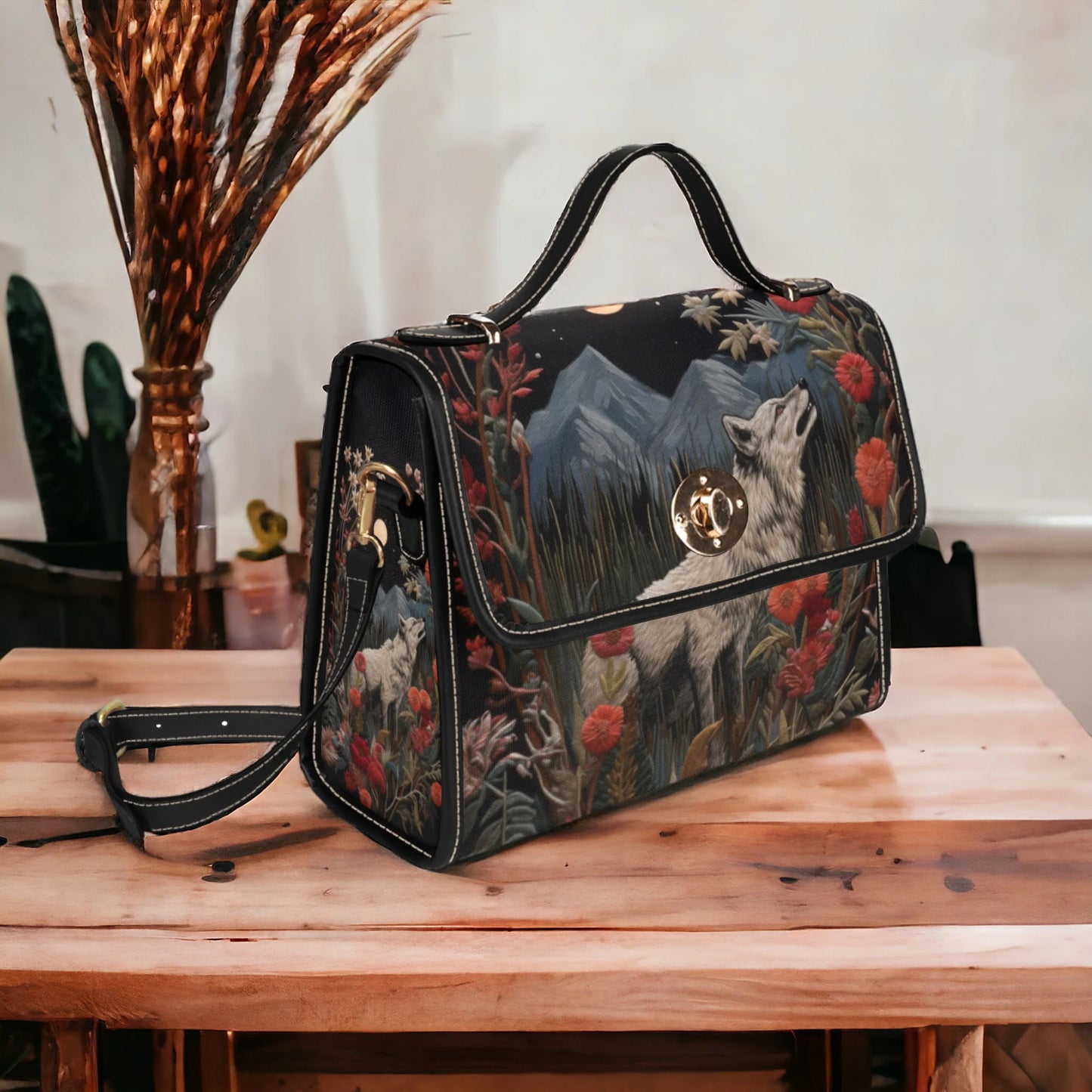 Faux-Embroidered Wolf and Flowers Satchel Bag