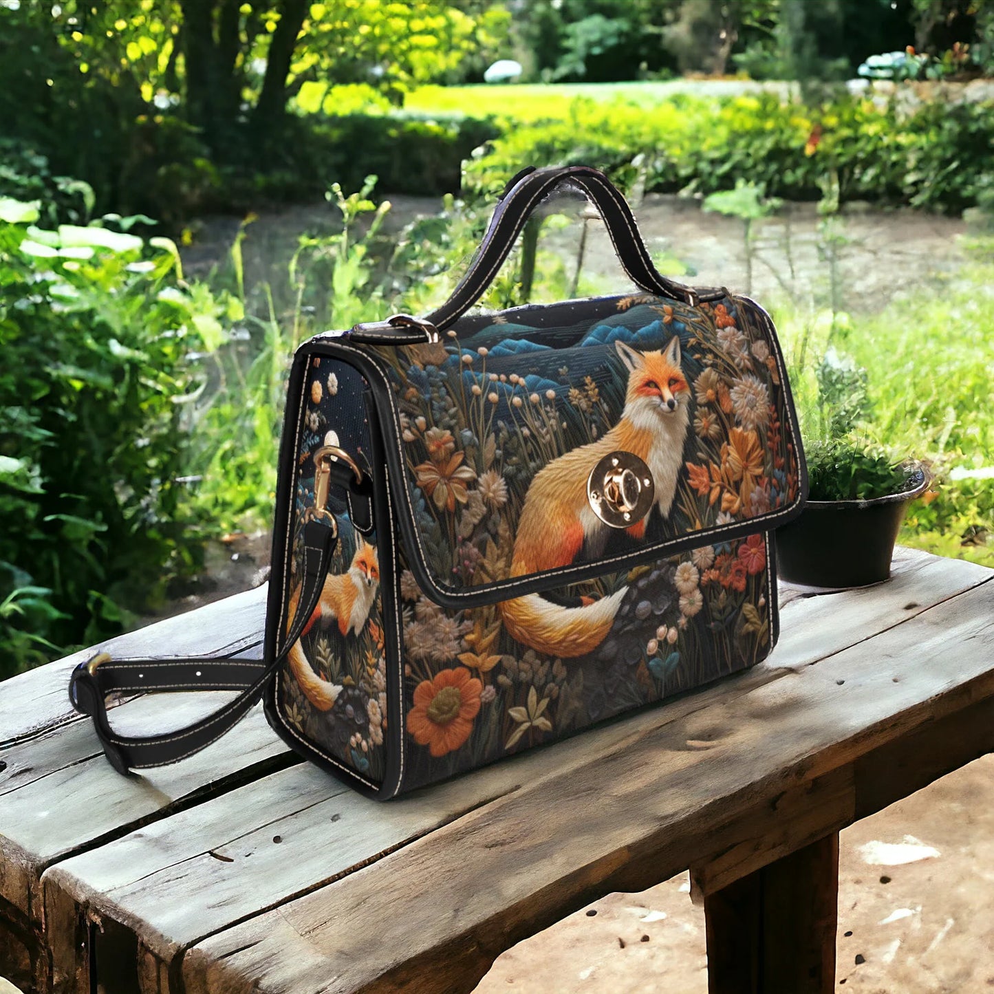Faux-Embroidered Dark Fox and Floral Satchel
