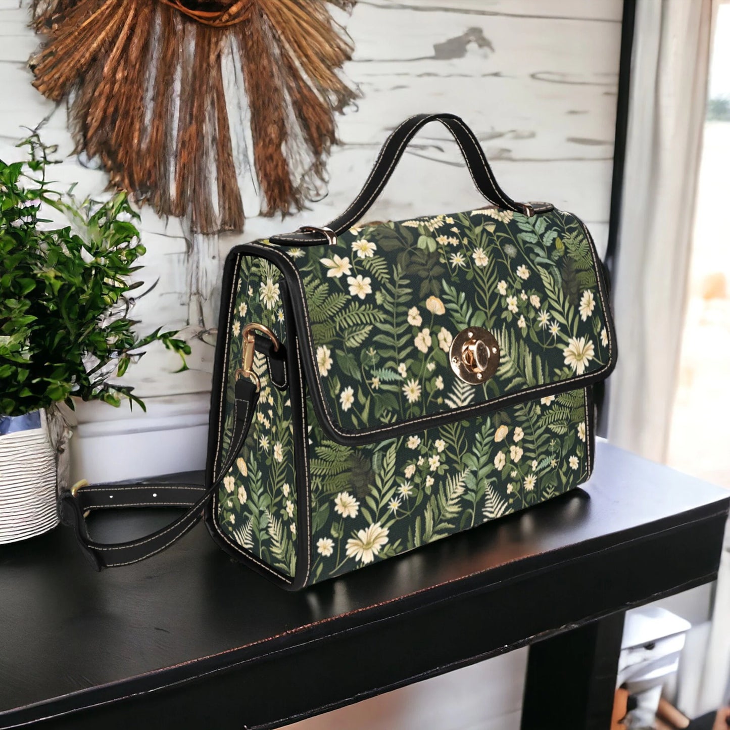 Boho Dark Forest Ferns Flowers Satchel Bag