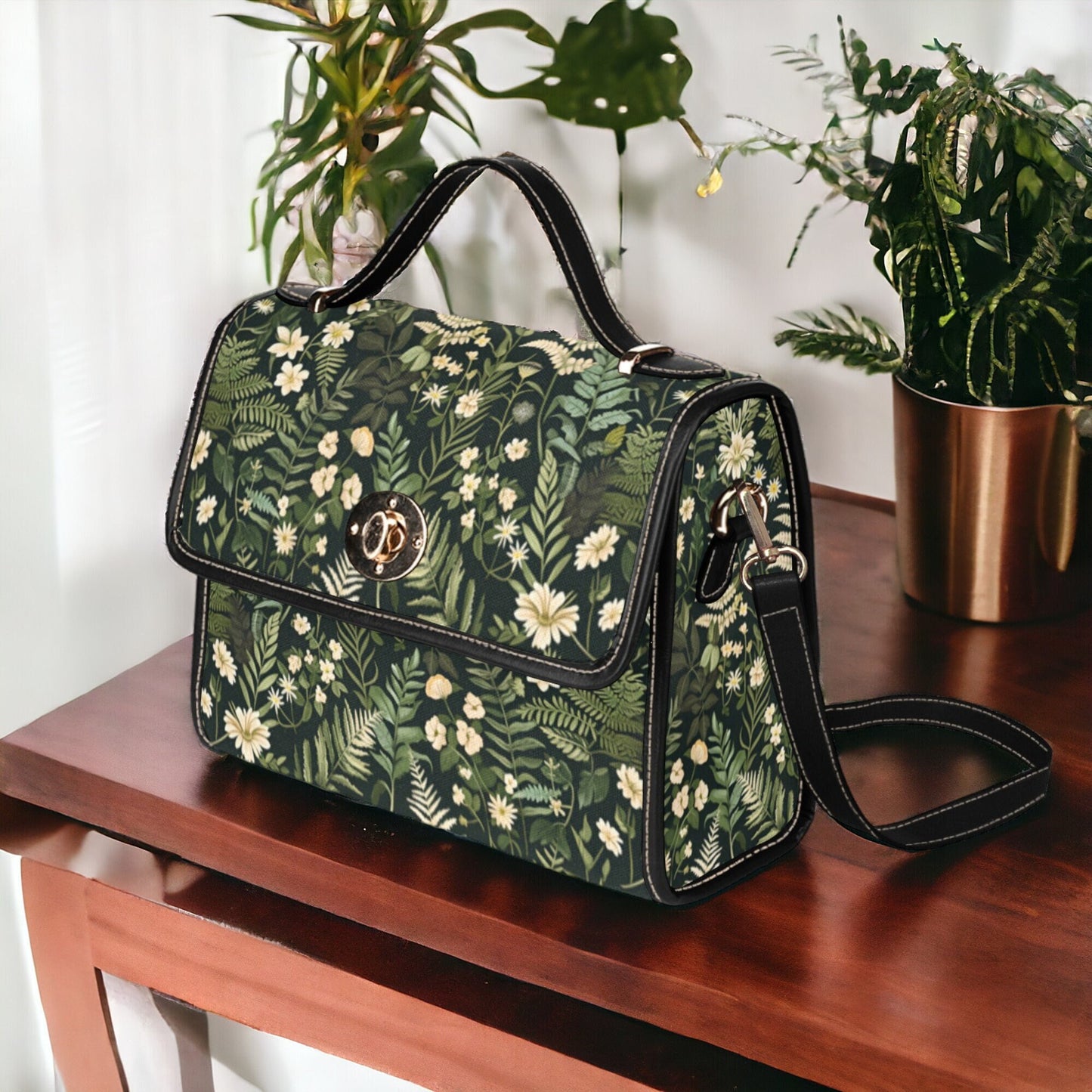 Boho Dark Forest Ferns Flowers Satchel Bag
