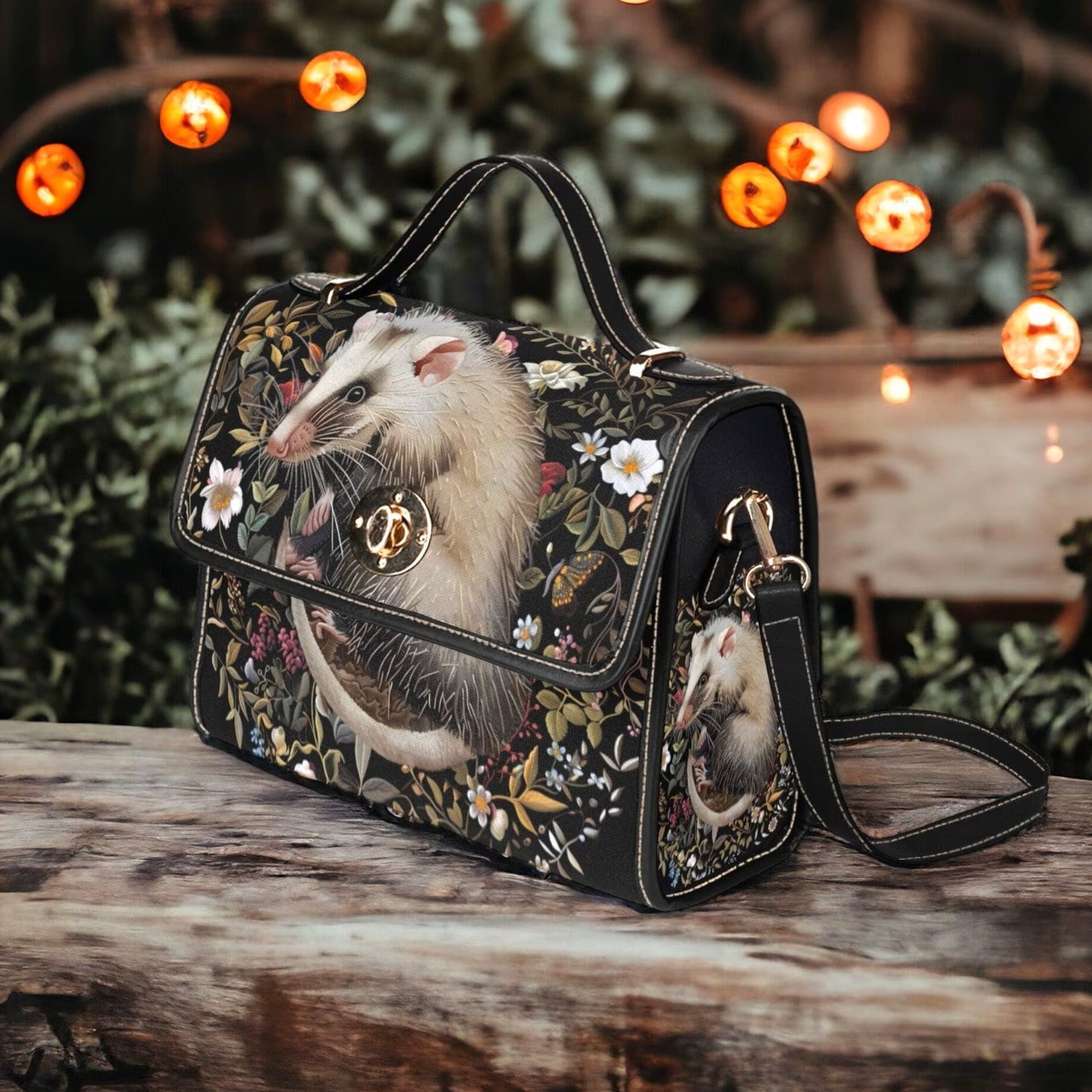 Faux-Embroidered Opossum & Flowers Satchel