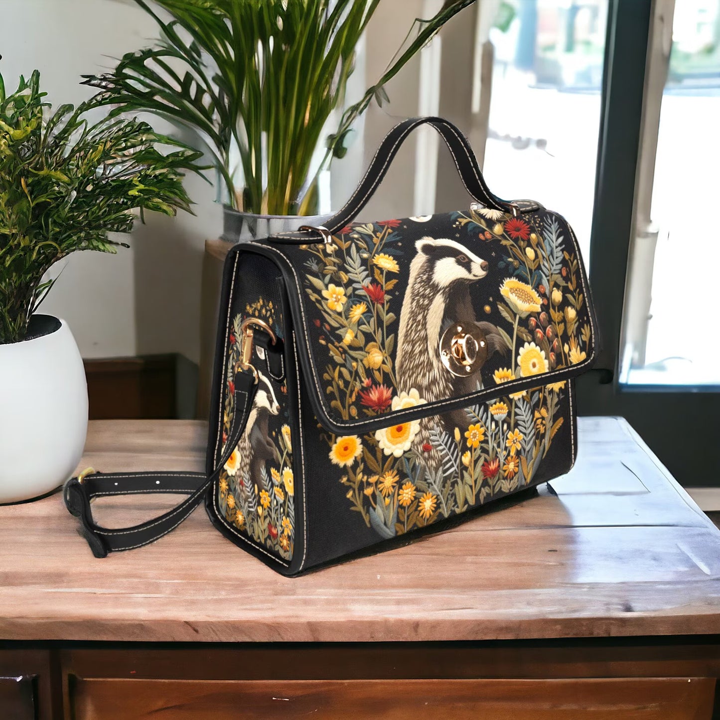 Faux-Embroidered Badger & Woodland Floral Satchel