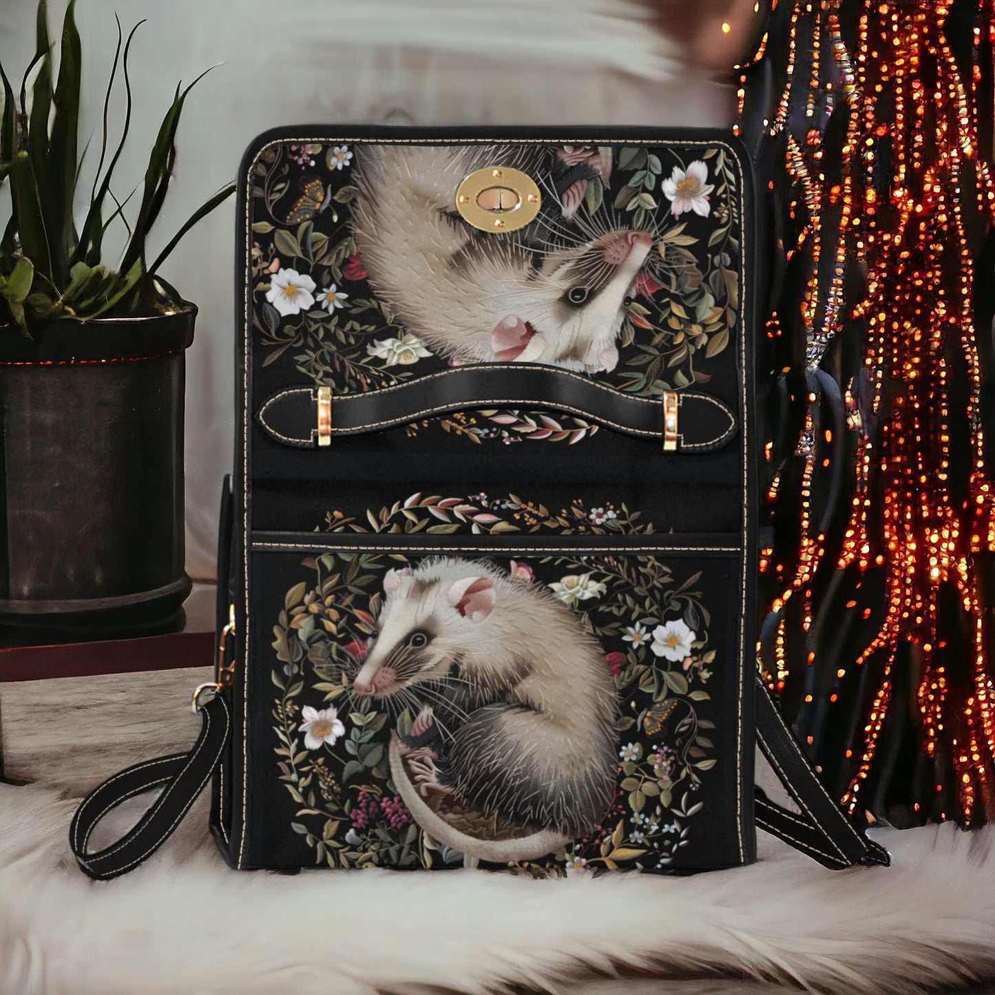 Faux-Embroidered Opossum & Flowers Satchel