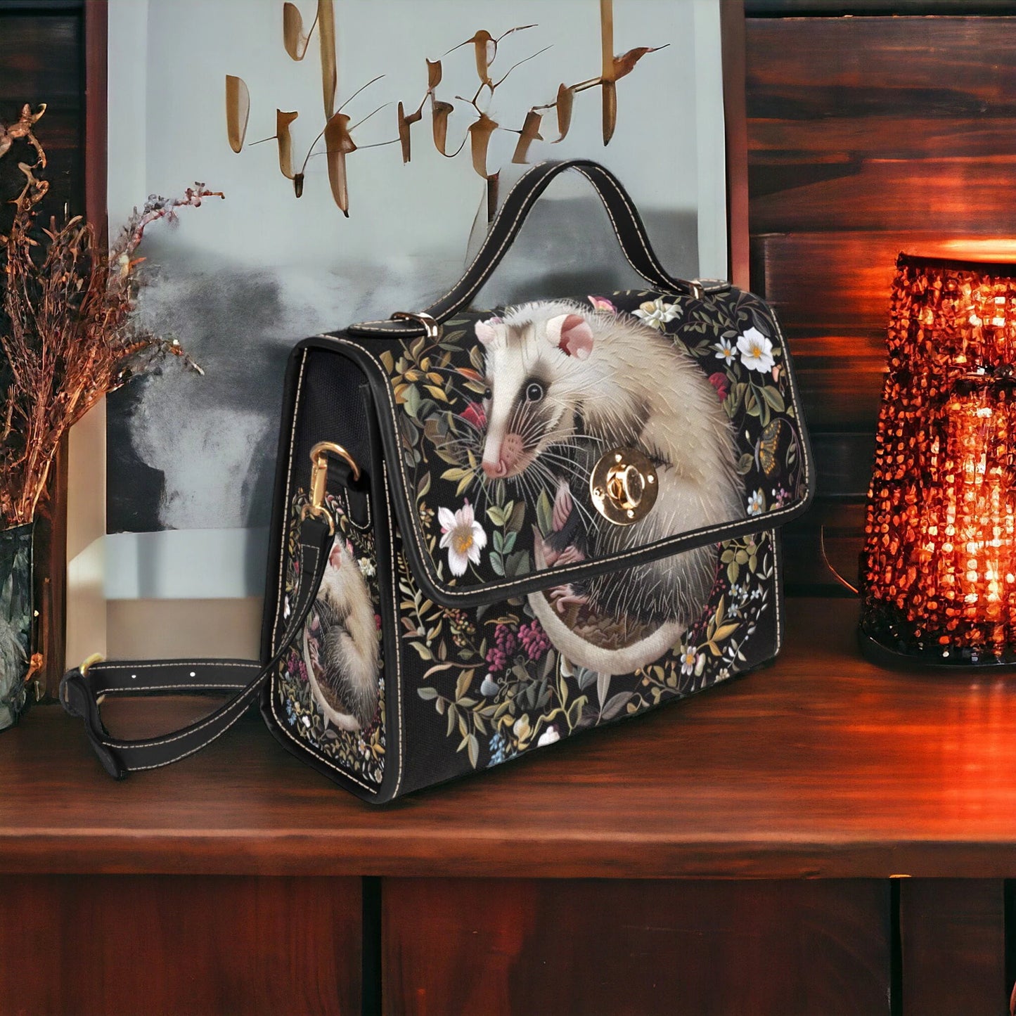 Faux-Embroidered Opossum & Flowers Satchel