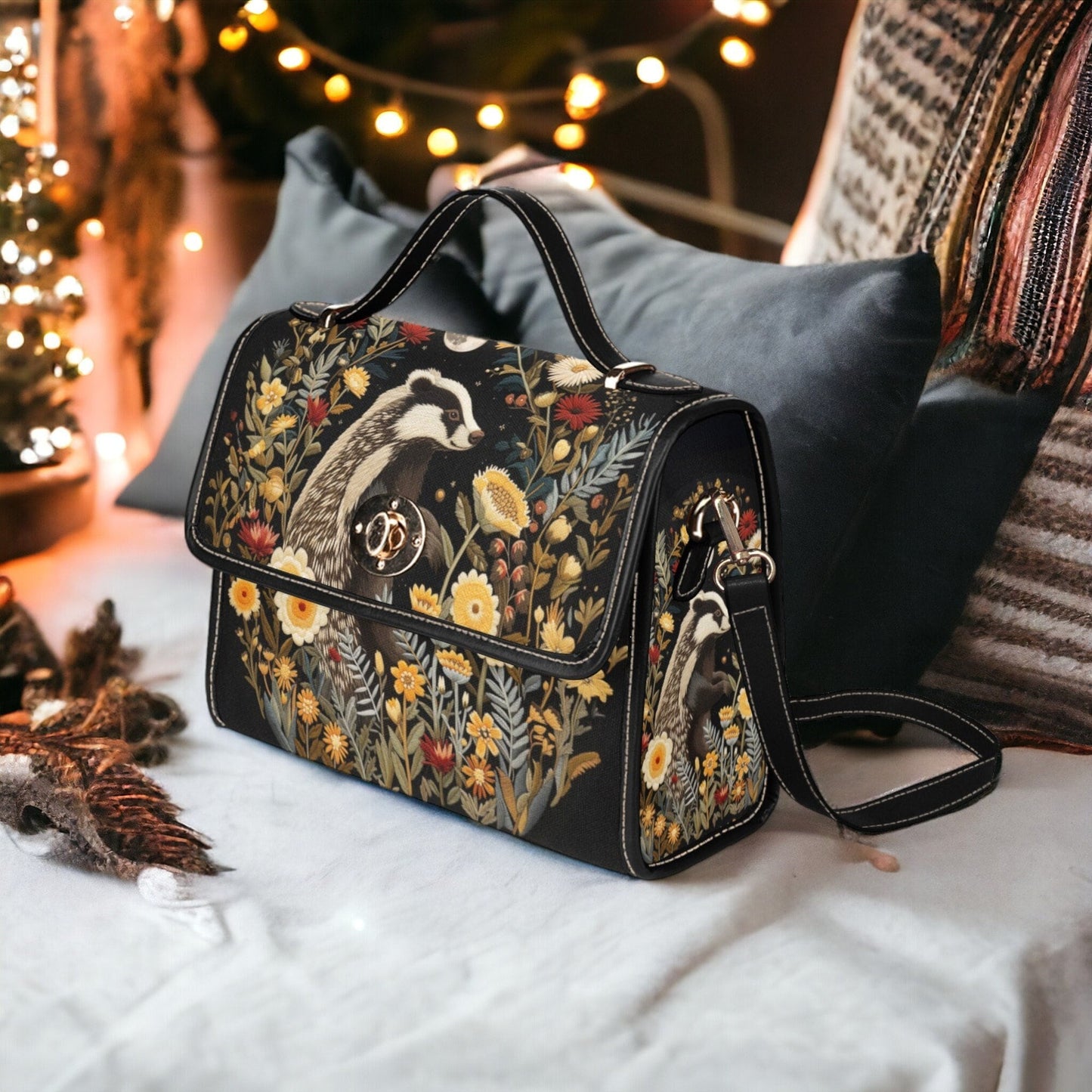 Faux-Embroidered Badger & Woodland Floral Satchel